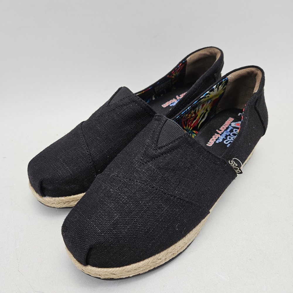 Skechers BOBS Women Black Canvas Wedge Espadrille Slip On Shoe 34101/BLK W 9.5